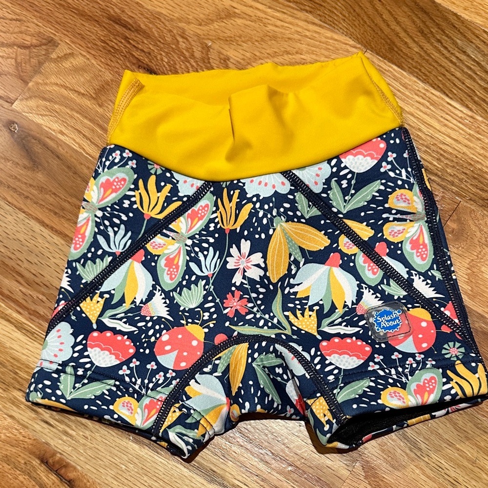 Floral Patterned Splash About Reusable Swim Diaper with Yellow Waistband 2-3T